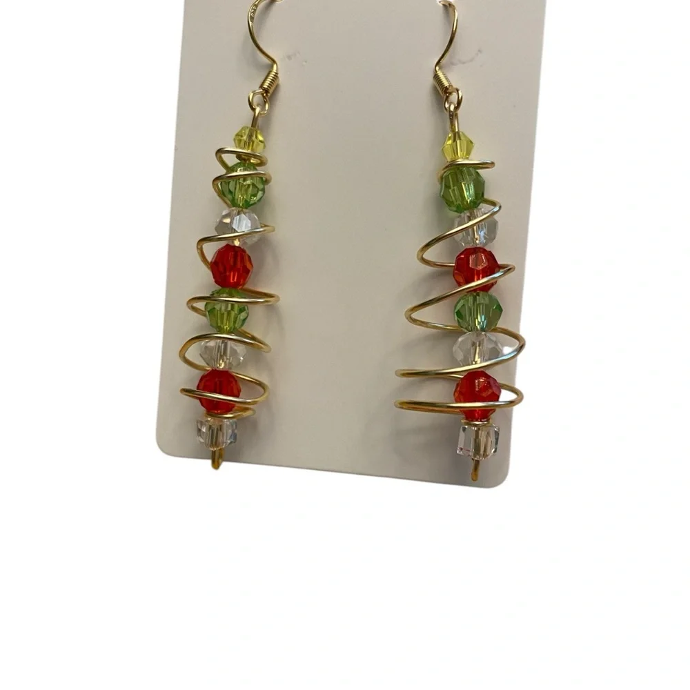 Wire Wrap Christmas Tree Earrings with Red, Green, and Yellow Beads